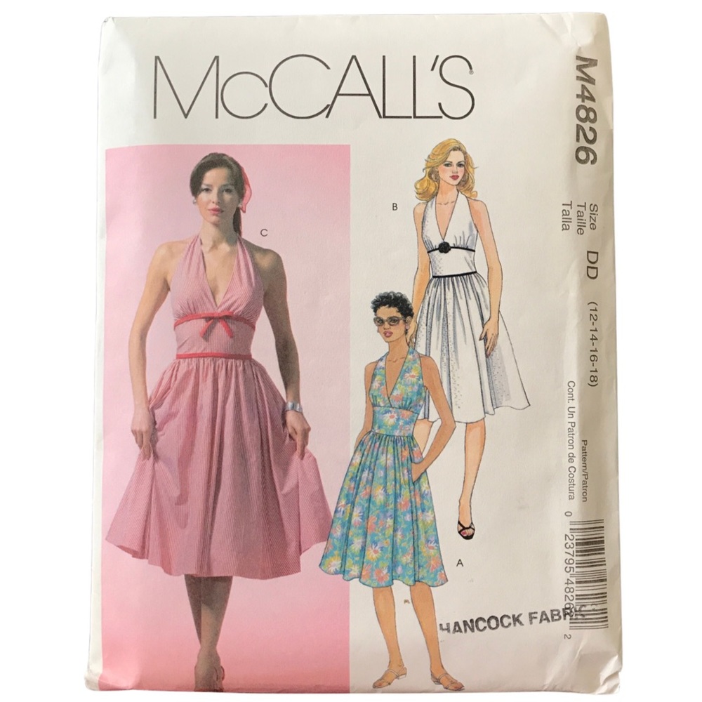 McCall’s 1950’s Style Halter Dress Sewing Pattern M4826 Size DD 12-18